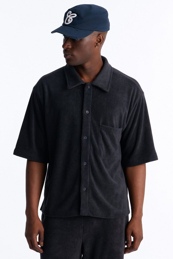 Classic Terry Cloth Button Up Shirt - Black
