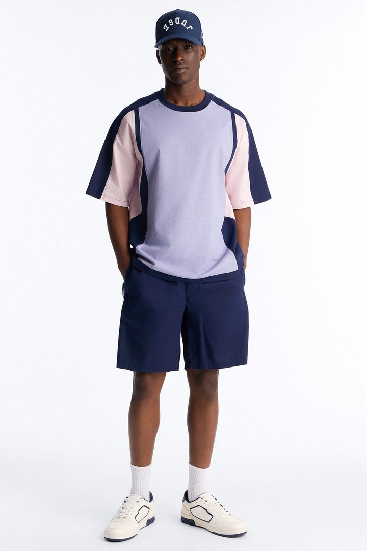 Basic Color Block Short Sleeve Tee - Purple/combo