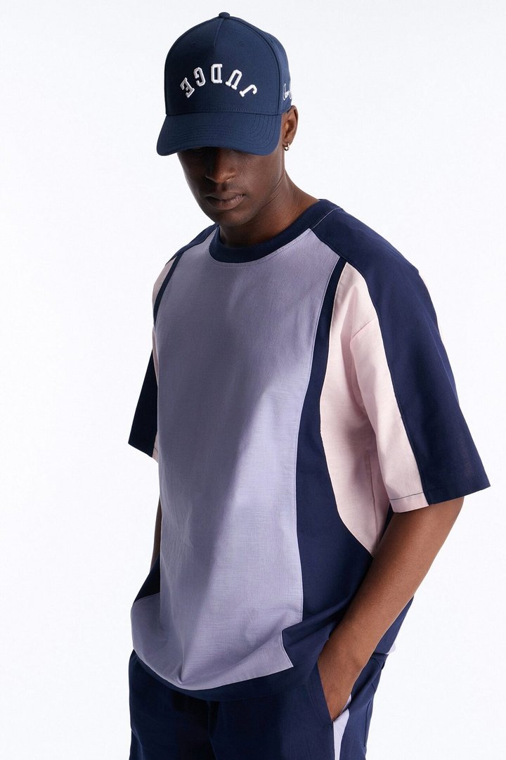 Basic Color Block Short Sleeve Tee - Purple/combo