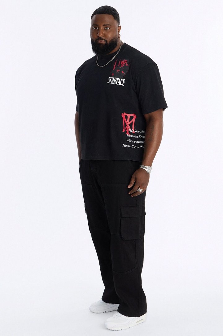 Heavy Weight Scarface Tony Montana Embroidery Oversized Short Sleeve Tee - Black Wash