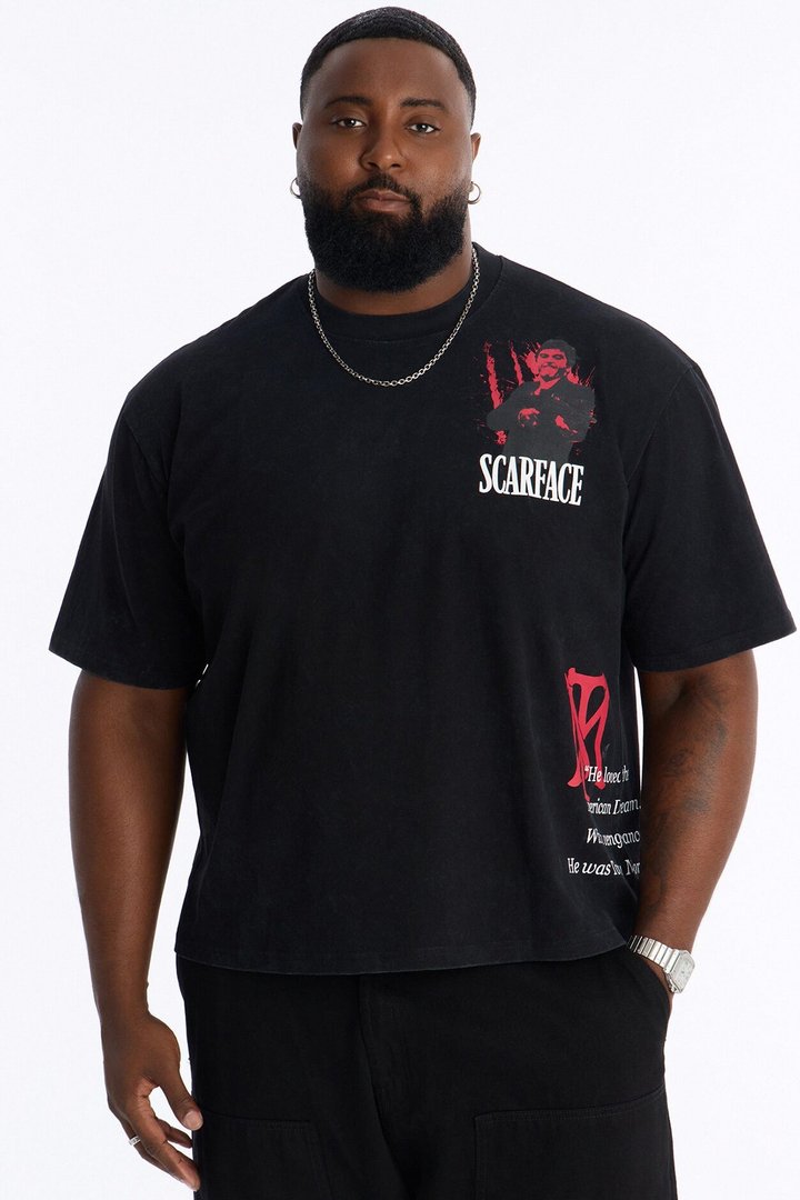 Heavy Weight Scarface Tony Montana Embroidery Oversized Short Sleeve Tee - Black Wash