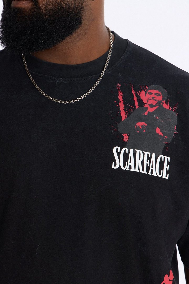 Heavy Weight Scarface Tony Montana Embroidery Oversized Short Sleeve Tee - Black Wash