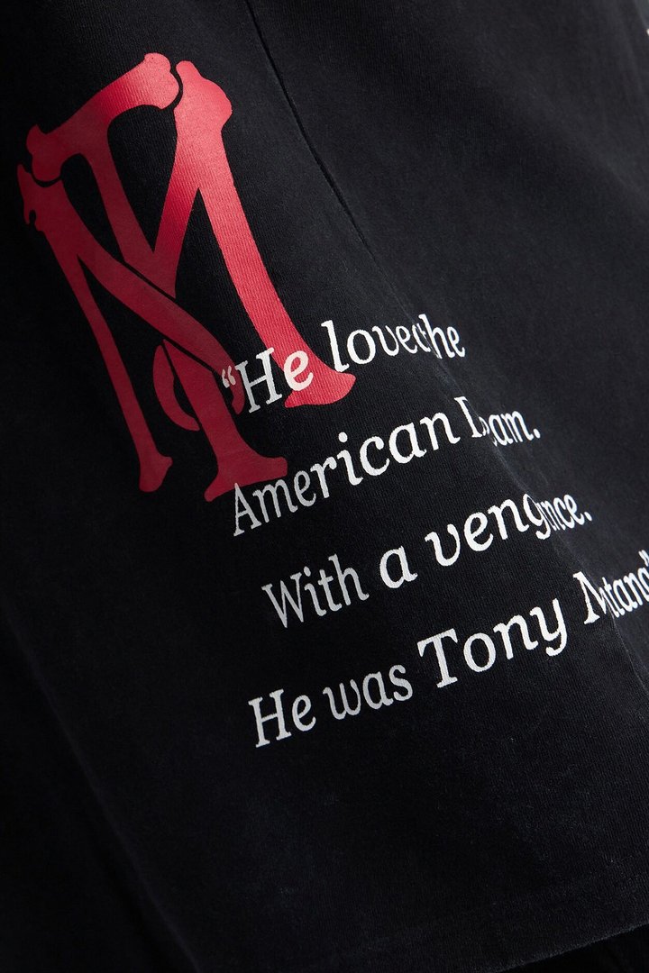 Heavy Weight Scarface Tony Montana Embroidery Oversized Short Sleeve Tee - Black Wash