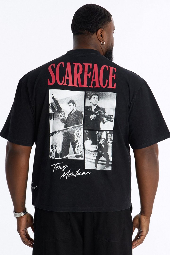Heavy Weight Scarface Tony Montana Embroidery Oversized Short Sleeve Tee - Black Wash