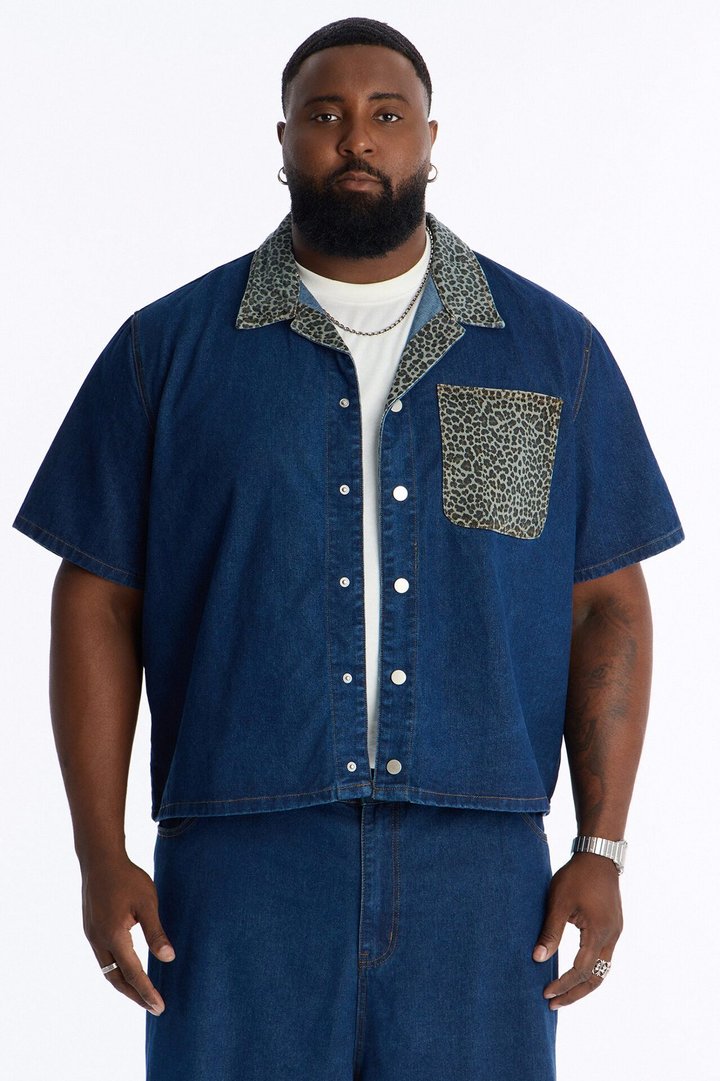Vandal Leopard Denim Cuban Collar Shirt - Dark Wash