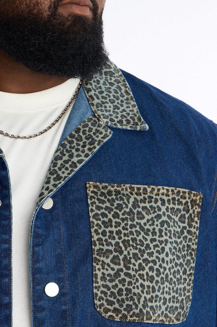 Vandal Leopard Denim Cuban Collar Shirt - Dark Wash