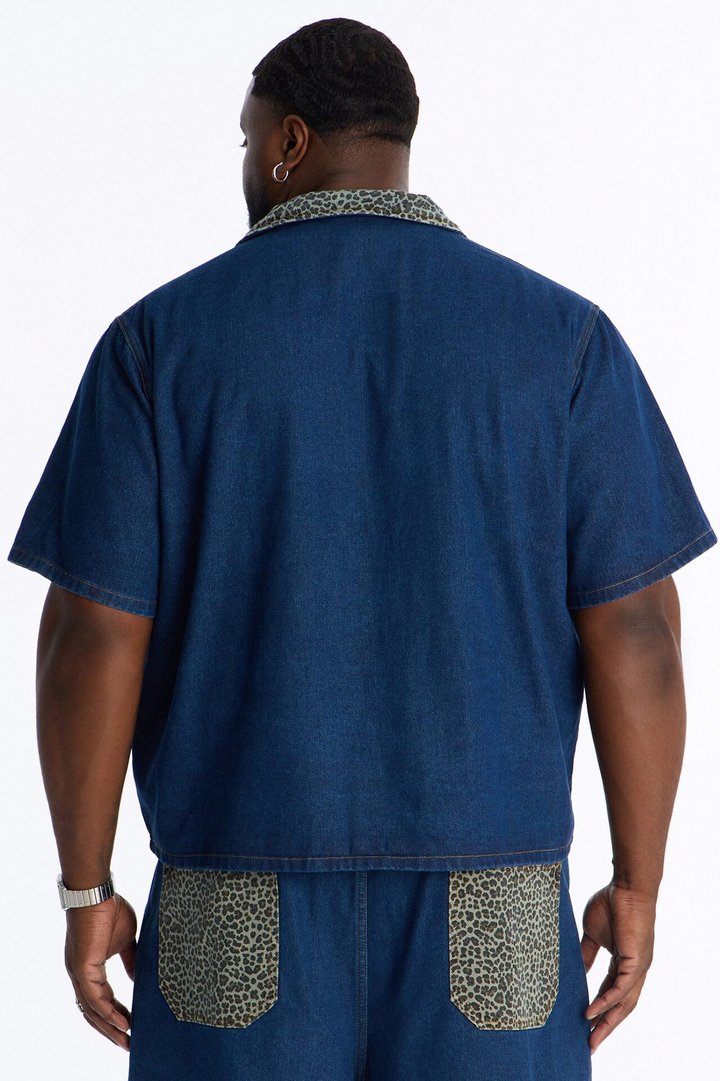 Vandal Leopard Denim Cuban Collar Shirt - Dark Wash