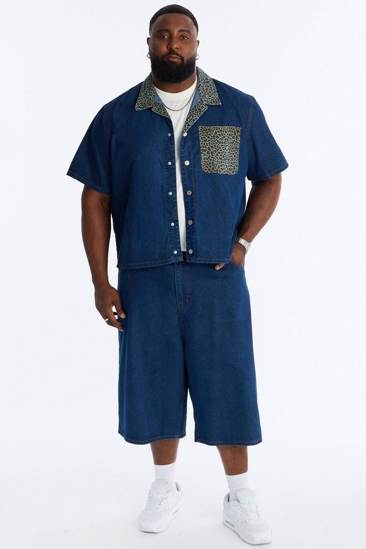 Vandal Leopard Denim Cuban Collar Shirt - Dark Wash