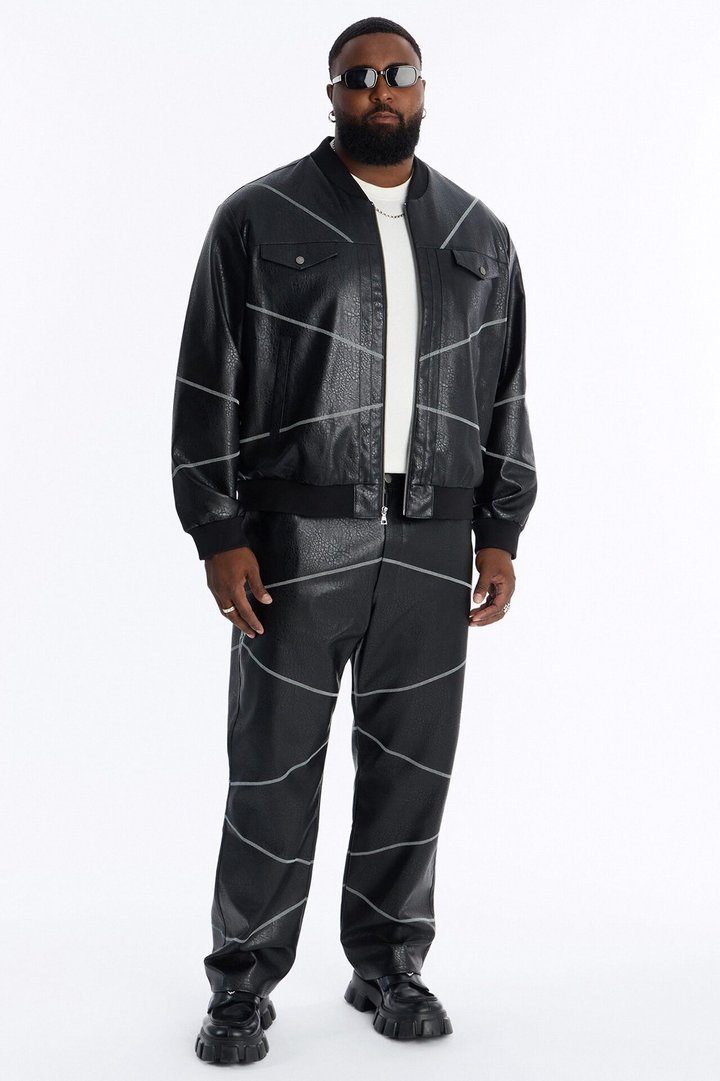 Vintage Chainstitch Faux Leather Bomber Jacket - Black