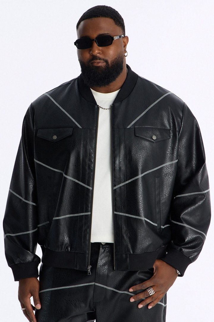 Vintage Chainstitch Faux Leather Bomber Jacket - Black