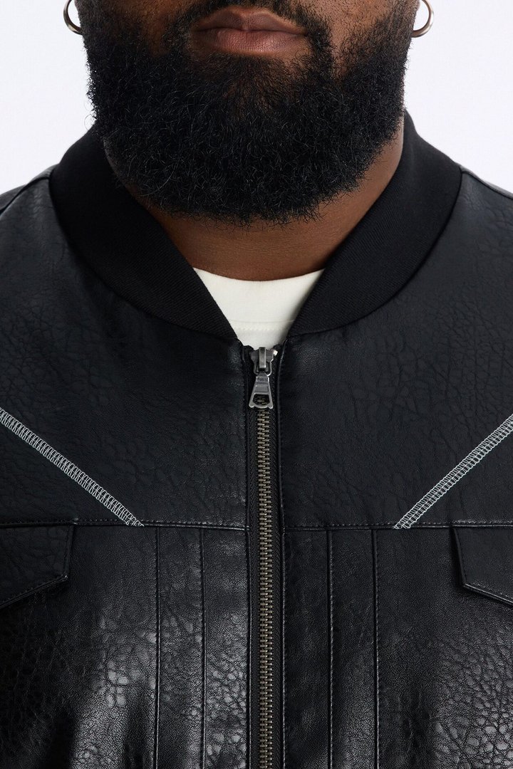 Vintage Chainstitch Faux Leather Bomber Jacket - Black