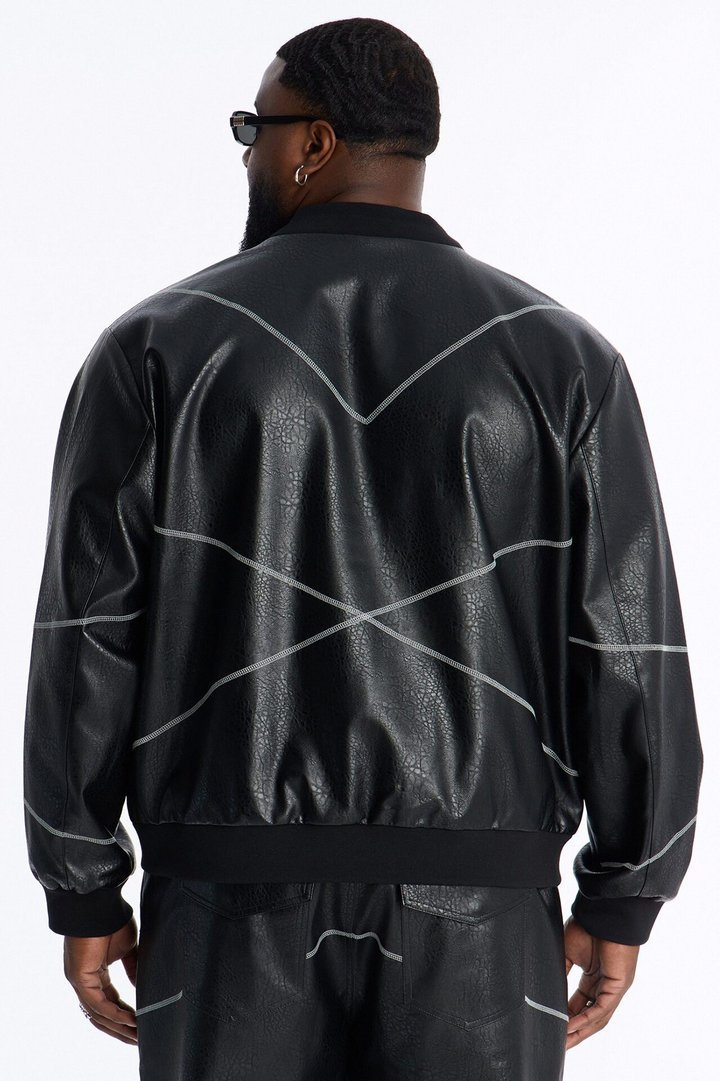 Vintage Chainstitch Faux Leather Bomber Jacket - Black