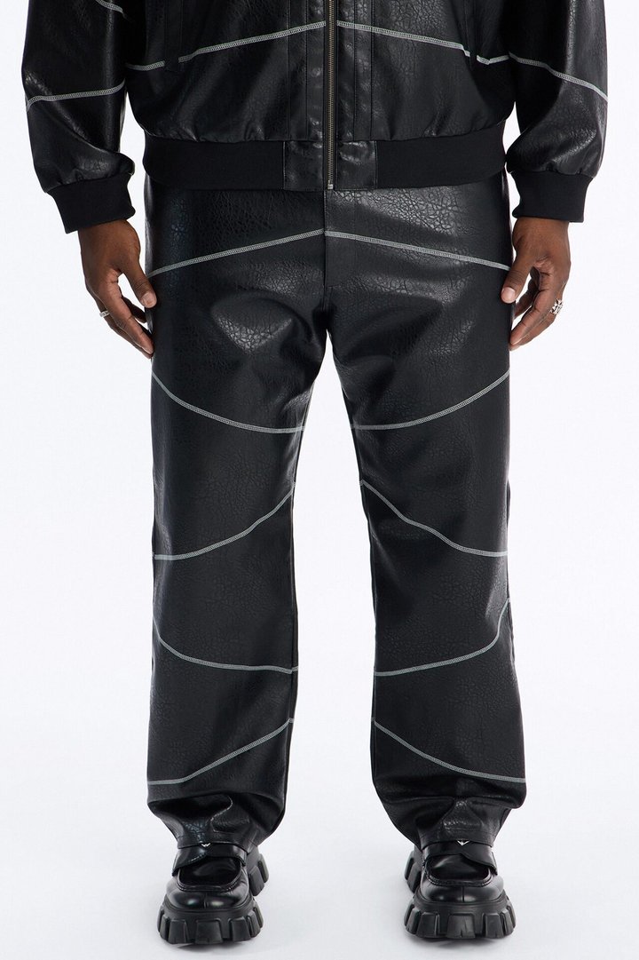 Straight Vintage Chain Stitch Faux Leather Pant - Black