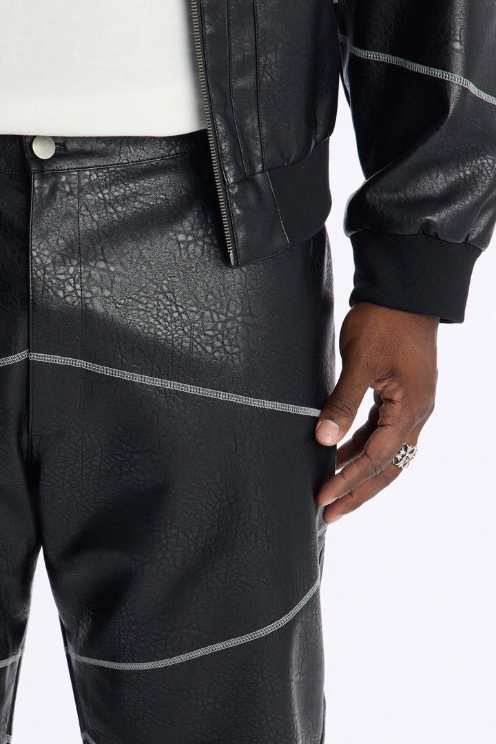 Straight Vintage Chain Stitch Faux Leather Pant - Black