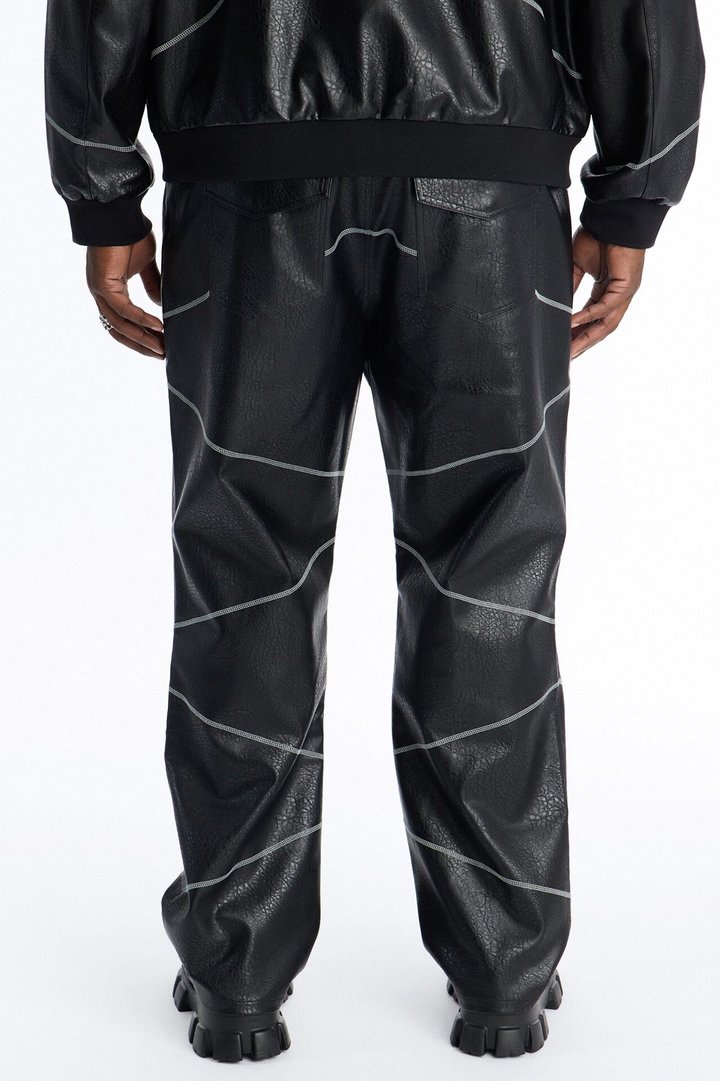 Straight Vintage Chain Stitch Faux Leather Pant - Black