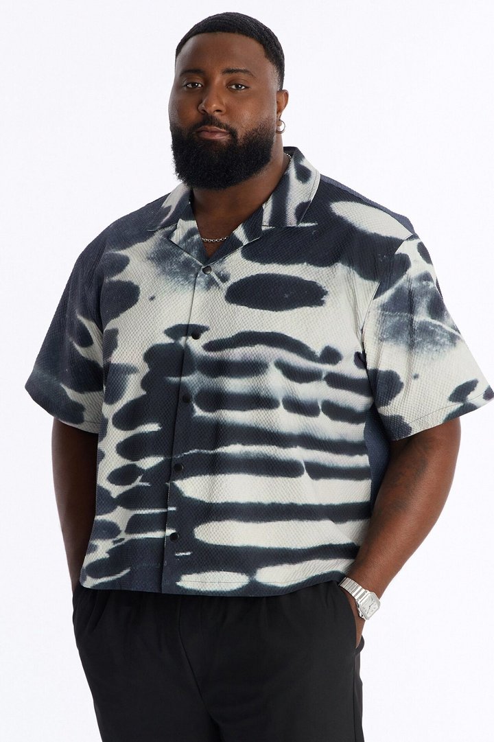 Lunar Forge Textured Boxy Cropped Button Up Shirt - Grey/combo