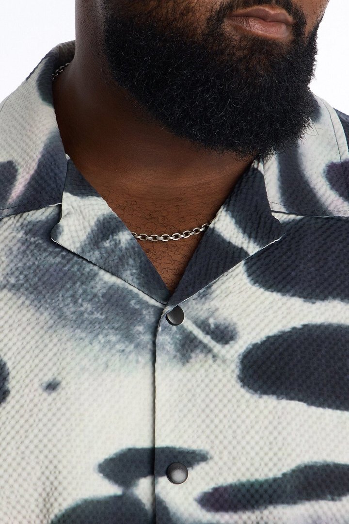 Lunar Forge Textured Boxy Cropped Button Up Shirt - Grey/combo