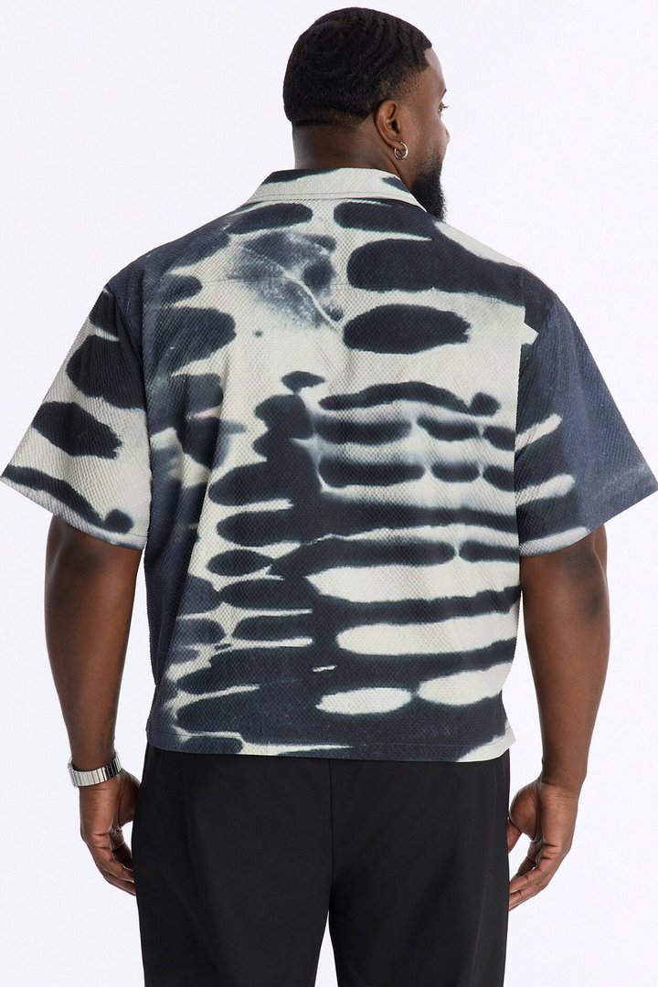 Lunar Forge Textured Boxy Cropped Button Up Shirt - Grey/combo