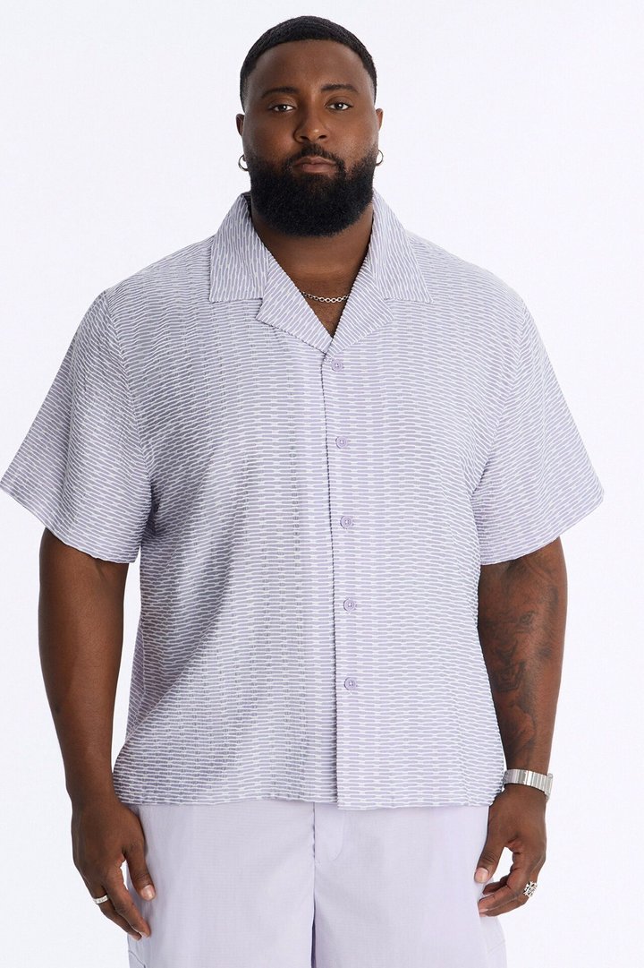 Chenille Terrace Textured Cuban Collar Button Up Shirt - Purple