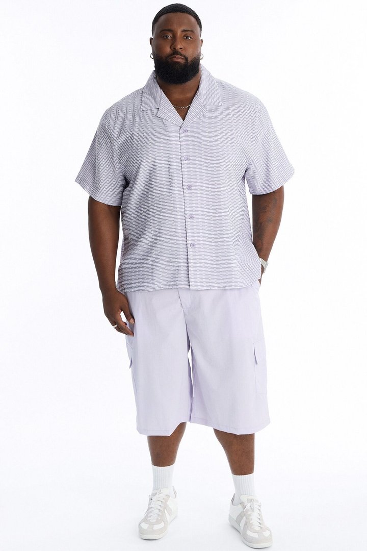 Chenille Terrace Textured Cuban Collar Button Up Shirt - Purple