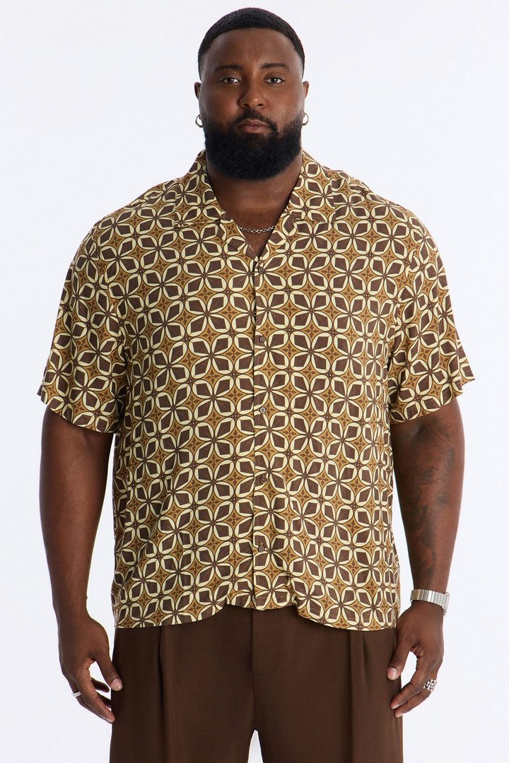 Relaxed Oxalis Cuban Collar Button Up Shirt - Brown/combo