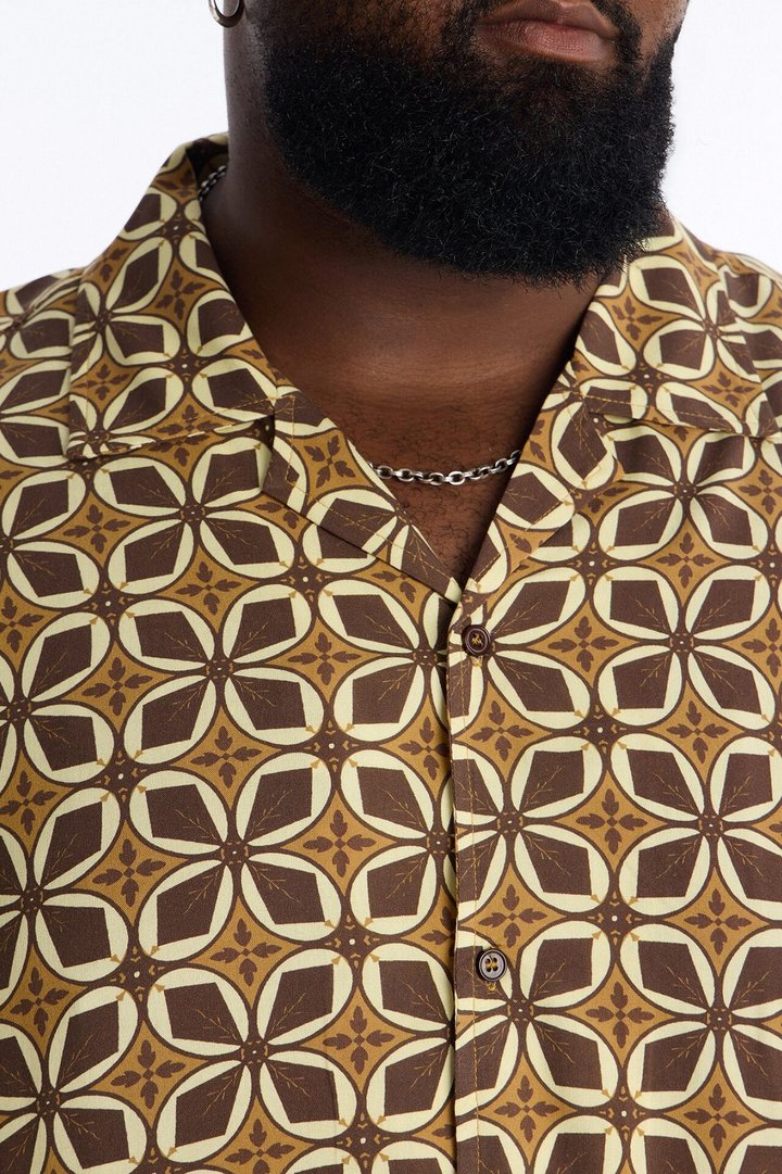 Relaxed Oxalis Cuban Collar Button Up Shirt - Brown/combo