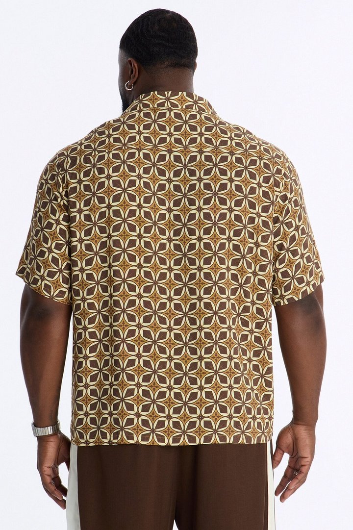 Relaxed Oxalis Cuban Collar Button Up Shirt - Brown/combo