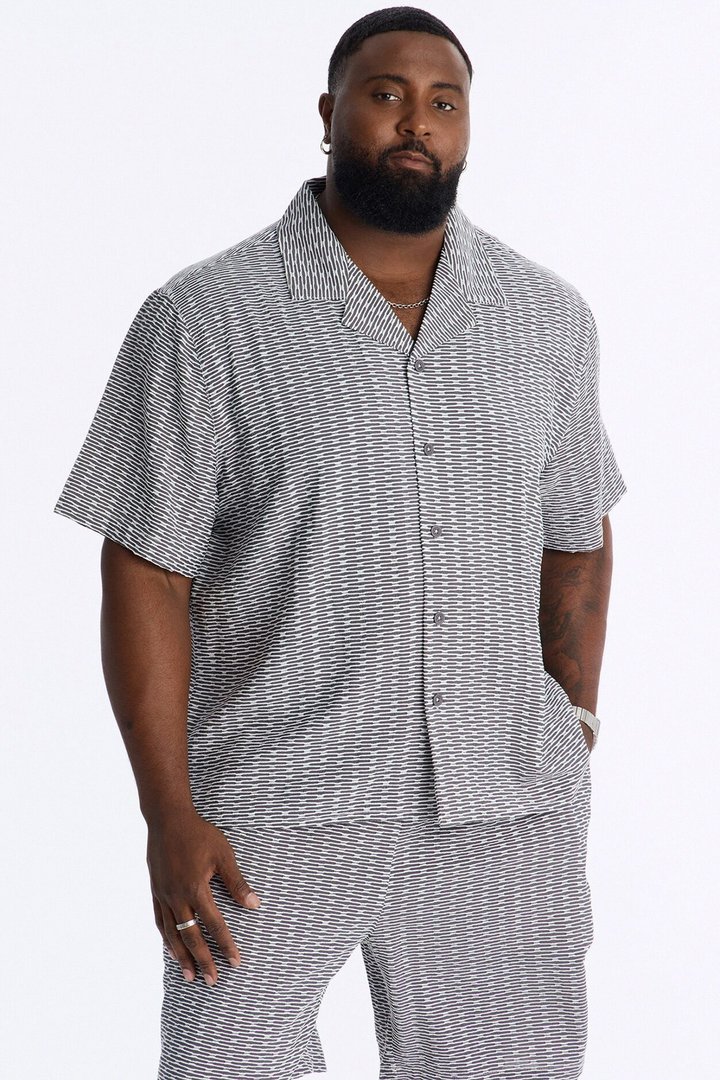 Chenille Terrace Textured Cuban Collar Button Up Shirt - Grey
