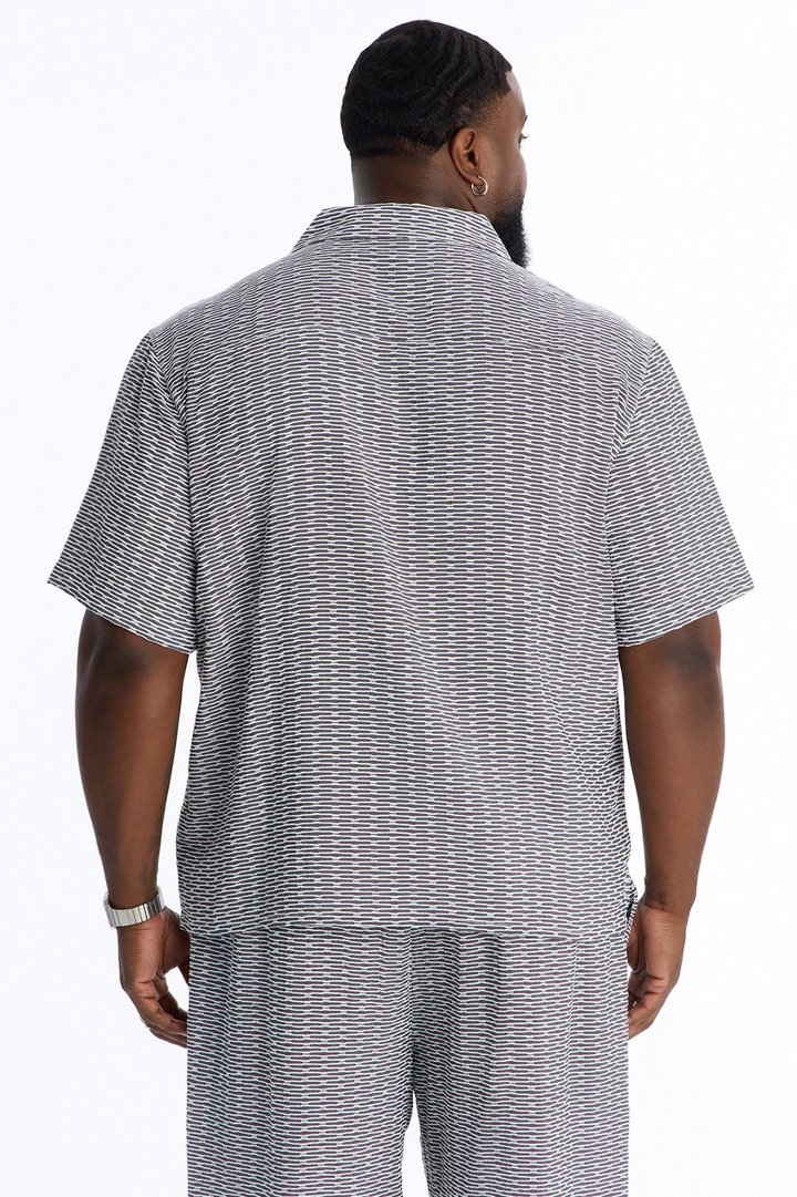 Chenille Terrace Textured Cuban Collar Button Up Shirt - Grey