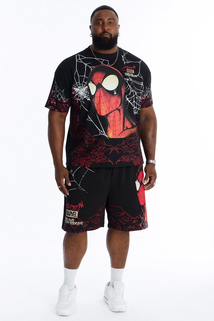 Spider Man All Over Print Heavy Weight Boxy Short Sleeve Tee - Black