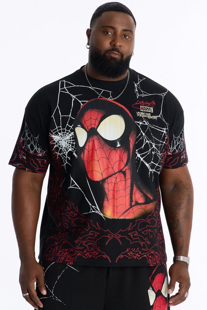 Spider Man All Over Print Heavy Weight Boxy Short Sleeve Tee - Black