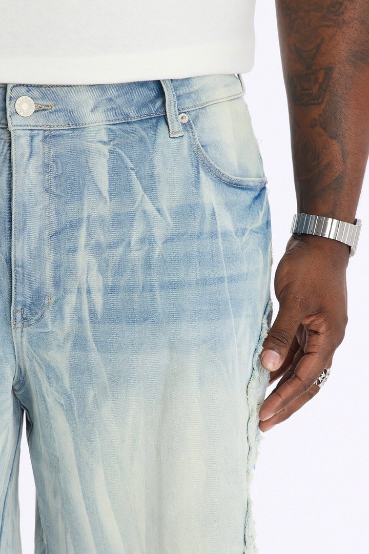 Relaxed Fray With Tapestry Sides Denim Short - Light Blue Wash