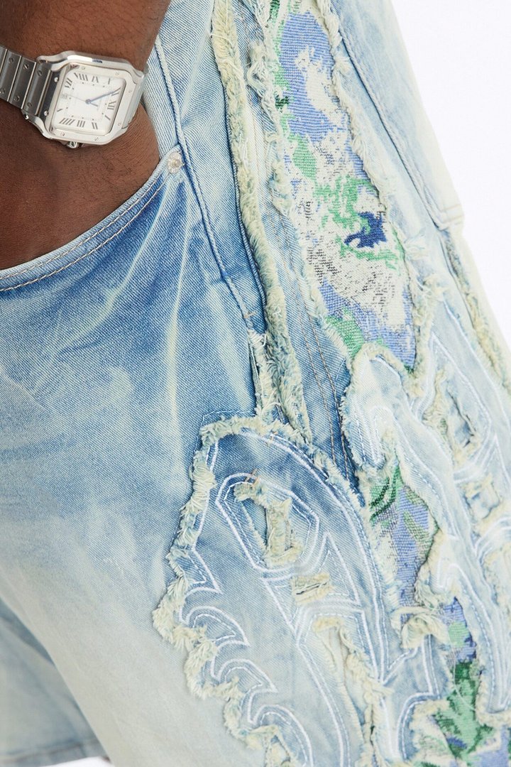 Relaxed Fray With Tapestry Sides Denim Short - Light Blue Wash