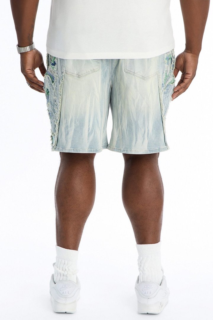 Relaxed Fray With Tapestry Sides Denim Short - Light Blue Wash