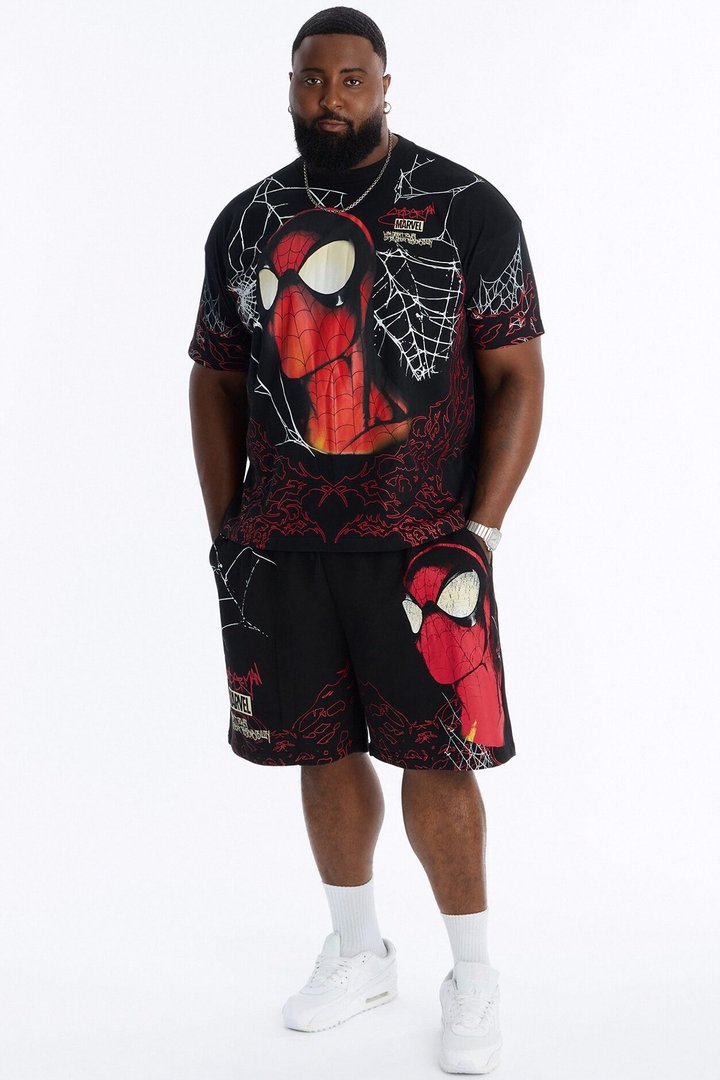 Spider Man All Over Print Relaxed Sweat Short - Black