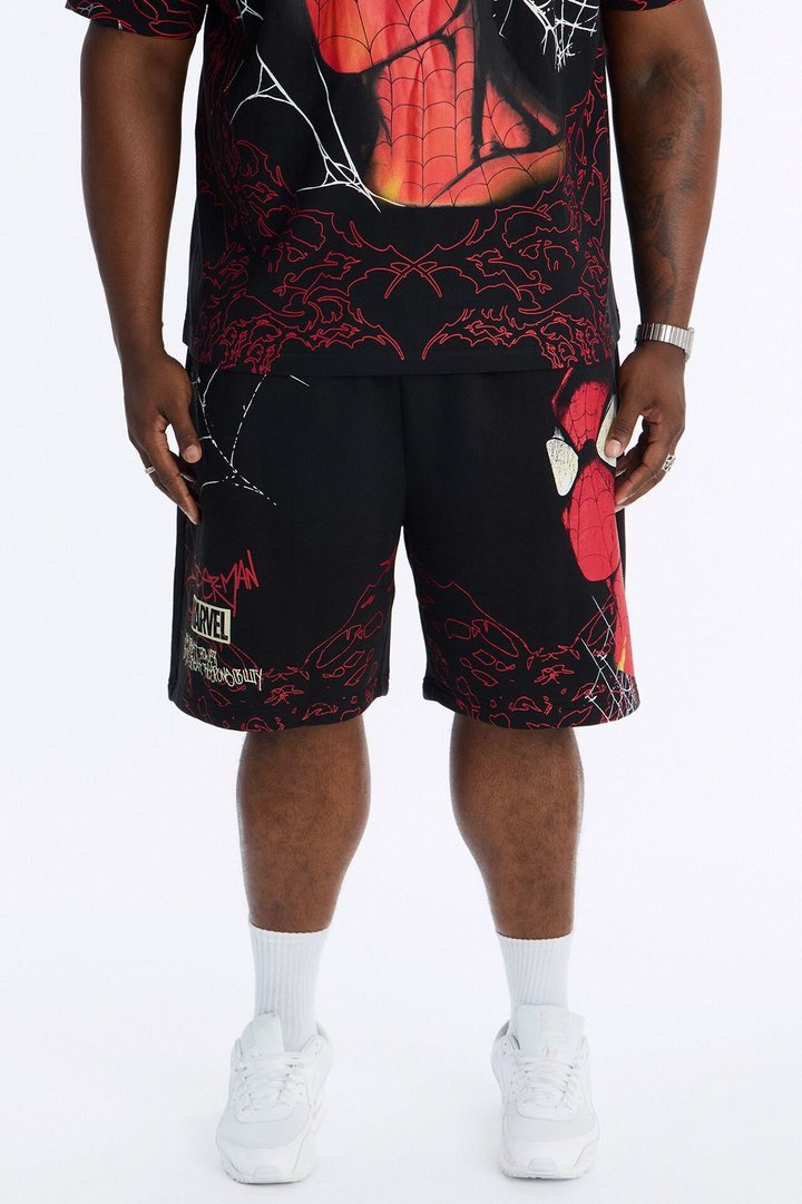 Spider Man All Over Print Relaxed Sweat Short - Black