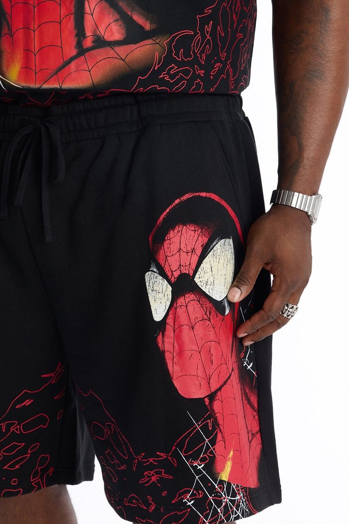 Spider Man All Over Print Relaxed Sweat Short - Black