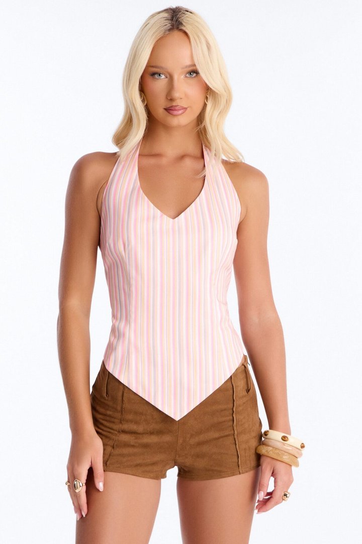 Made For Summer Days Bandana Striped Halter Top - Pink/combo