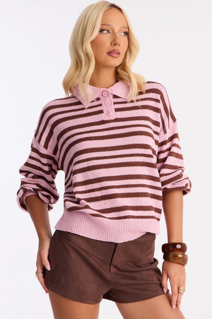 Jennie Striped Oversized Polo Sweater - Pink/combo