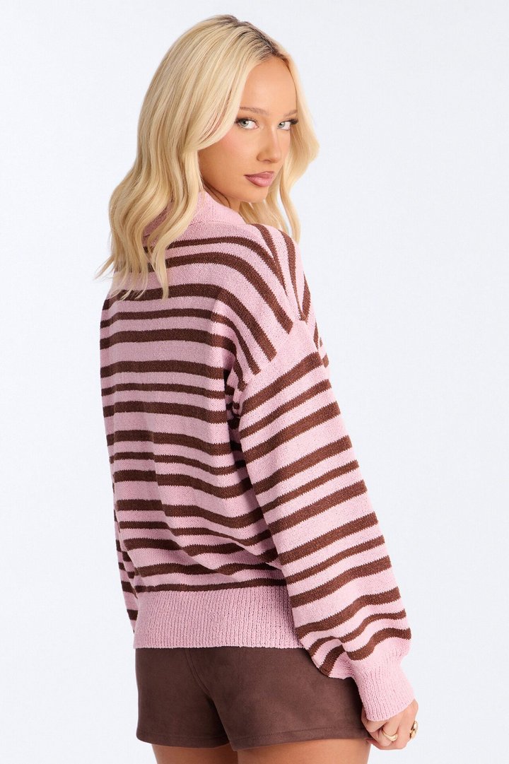 Jennie Striped Oversized Polo Sweater - Pink/combo