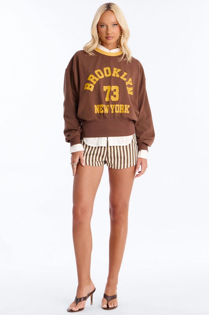 Brooklyn Varsity League Fleece Crew Neck Sweatshirt - Brown