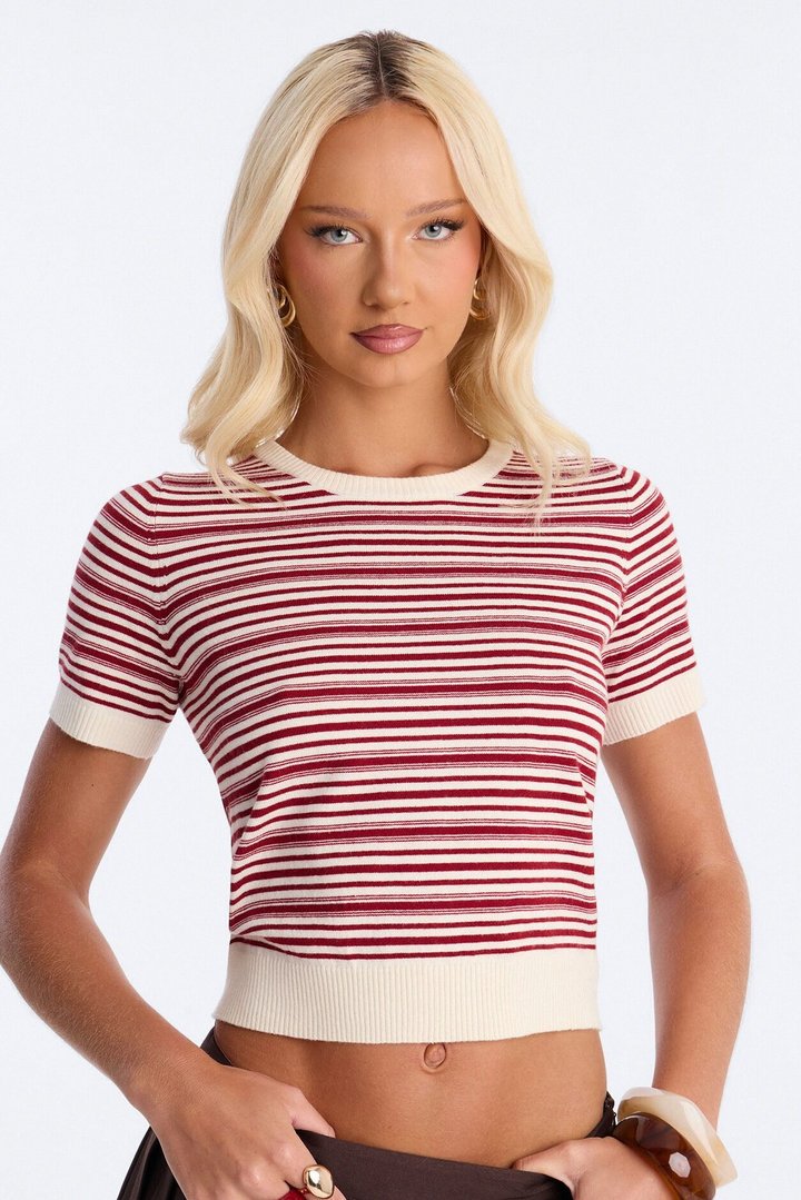 Maria Striped Short Sleeve Sweater - Red/combo