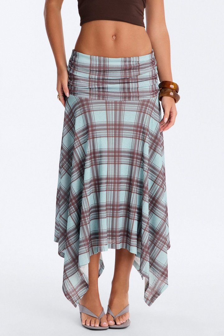 Delilah Asymmetrical Plaid Midi Skirt - Blue/combo