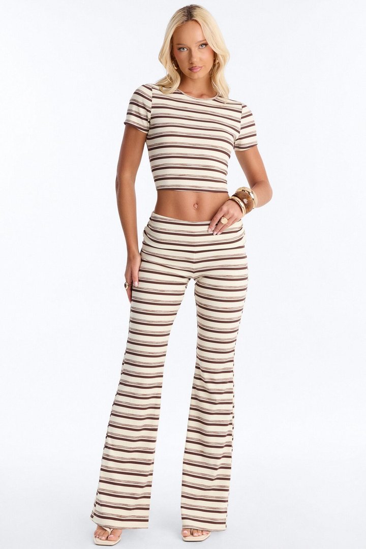 Dana Stripe Foldover Waistband Pant Set - Brown Combo