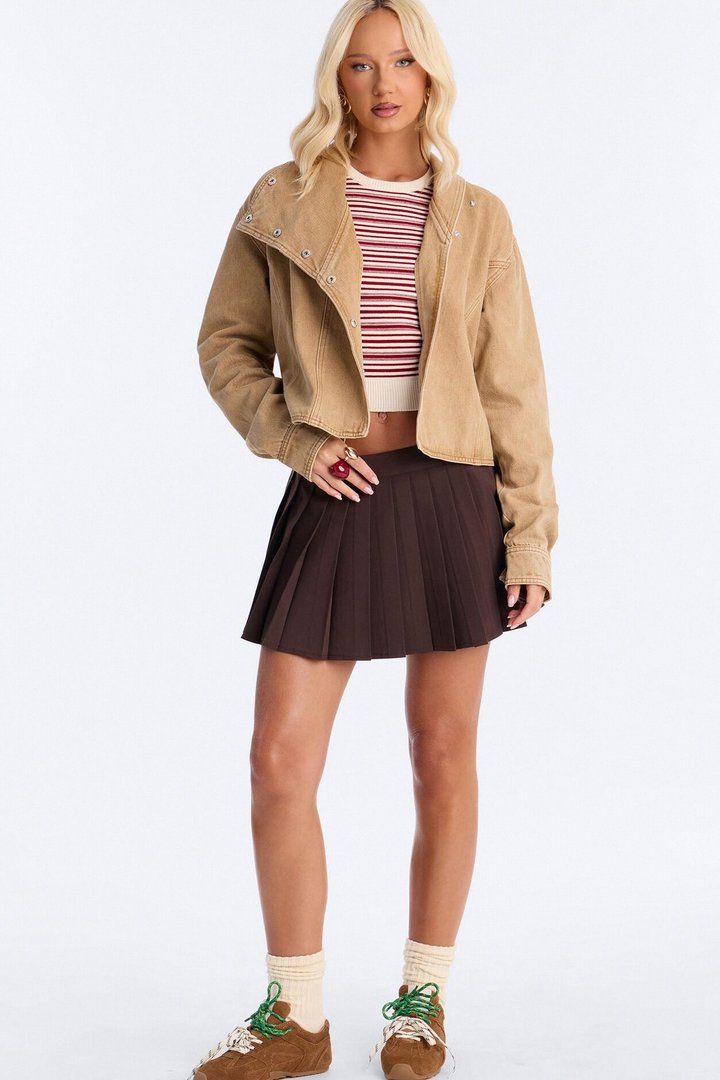 Éloane High Neck Belted Denim Jacket - Khaki