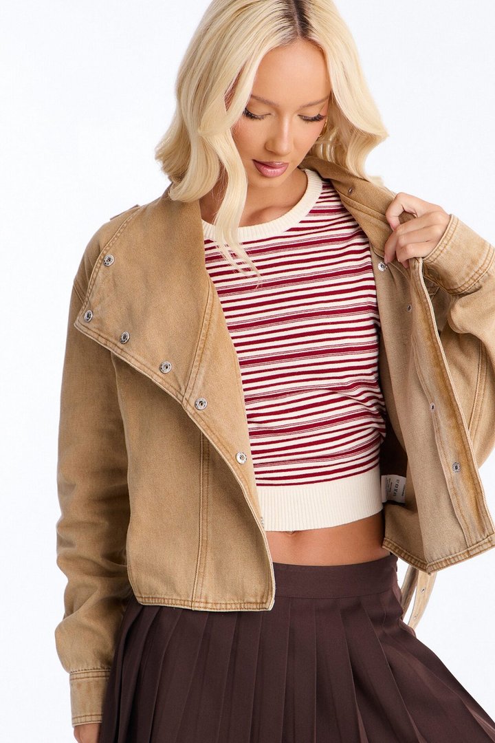 Éloane High Neck Belted Denim Jacket - Khaki