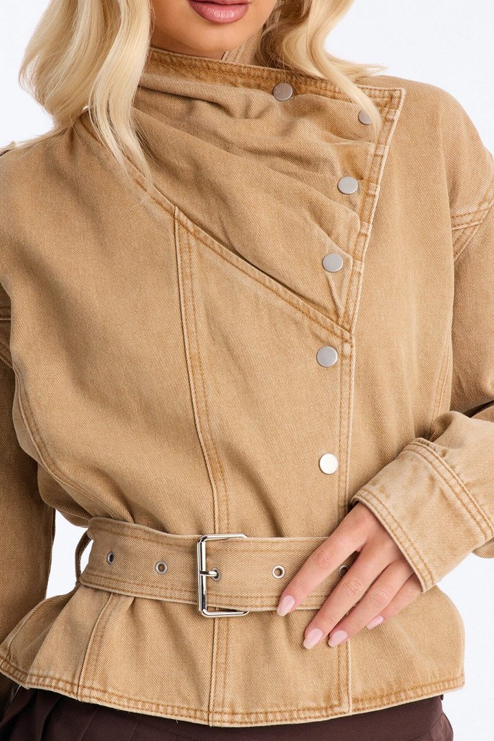 Éloane High Neck Belted Denim Jacket - Khaki