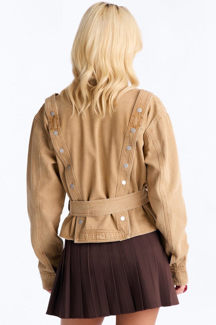 Éloane High Neck Belted Denim Jacket - Khaki
