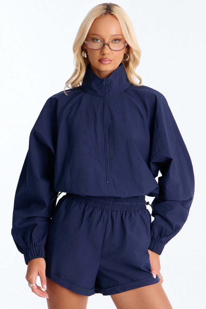 On The Move Windbreaker Long Sleeve Romper - Navy