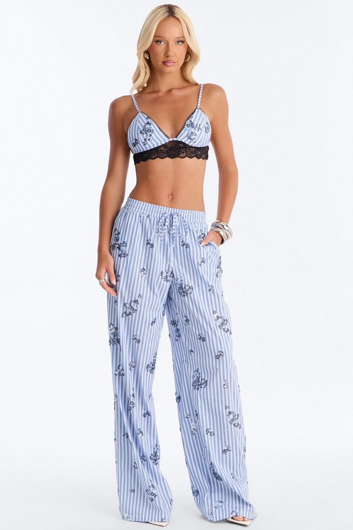 Hilton Embellished Pinstripe Pant Set - Blue/combo